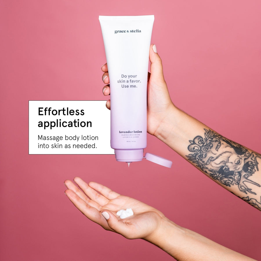 A hand squeezing Grace & Stella's lavender body lotion (473ml) free gift from a tube onto another hand against a pink background, with text highlighting "effortless application.