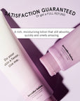 Grace & Stella lavender body lotion (473ml) tubes presented with a satisfaction guarantee message, highlighting their rich and moisturizing qualities for the skin with a pleasant fragrance.