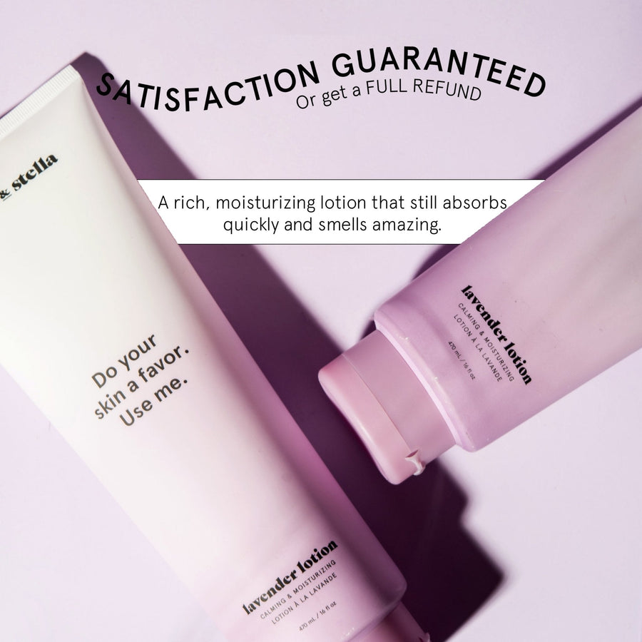 Grace & Stella lavender body lotion (473ml) tubes presented with a satisfaction guarantee message, highlighting their rich and moisturizing qualities for the skin with a pleasant fragrance.