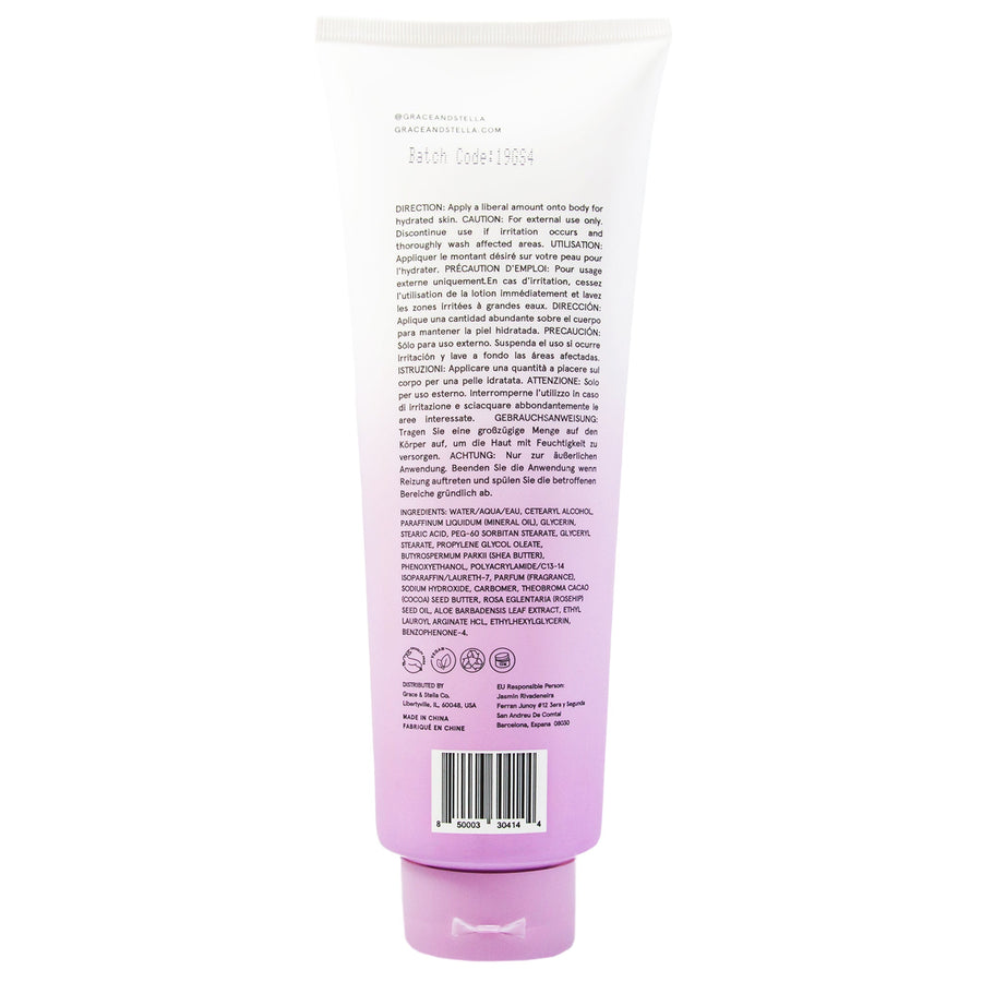 A tube of grace & stella lavender body lotion with instructions and ingredients listed on the back label for skin care.