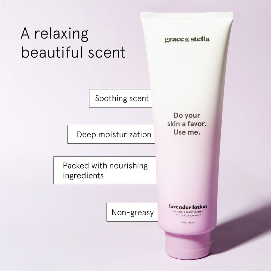 Sentence with replaced product: A tube of lavender body lotion (473ml) free gift by grace & stella, highlighted for its relaxing scent, deep moisturization, and non-greasy properties.