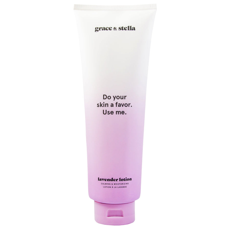 A tube of grace & stella lavender body lotion (473ml) free gift with the phrase "do your skin a favor. Use me." printed on it.